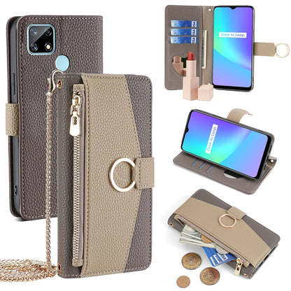 Realme C12 Crossbody Phone Case with Litchi Texture Leather, Adjustable Kickstand, Card Slots, Zipper Purse, Makeup Mirror, and TPU Protection
