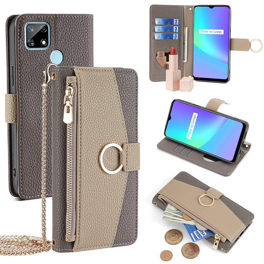 Realme Narzo 20 Crossbody Phone Case with Litchi Texture Leather, Adjustable Kickstand, Card Slots, Zipper Purse, Makeup Mirror, and TPU Protection