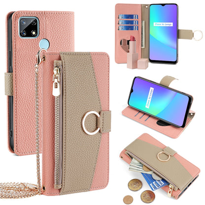 Realme C12 Crossbody Phone Case with Litchi Texture Leather, Adjustable Kickstand, Card Slots, Zipper Purse, Makeup Mirror, and TPU Protection