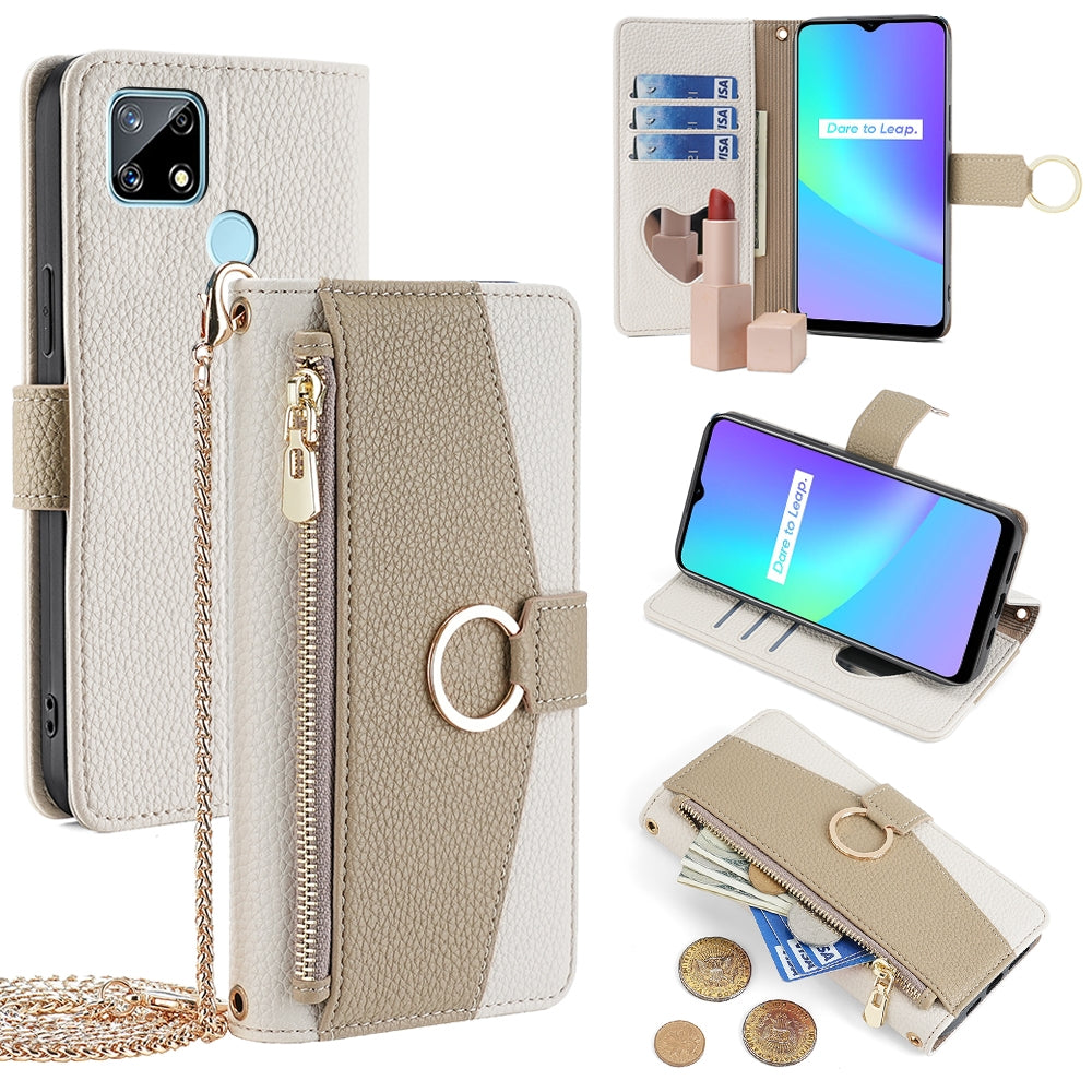 Realme Narzo 20 Crossbody Phone Case with Litchi Texture Leather, Adjustable Kickstand, Card Slots, Zipper Purse, Makeup Mirror, and TPU Protection