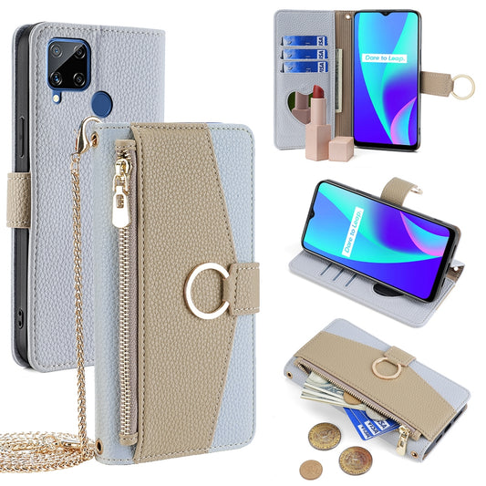 Realme C15 Crossbody Phone Case with Litchi Texture Leather, Adjustable Kickstand, Card Slots, Zipper Purse, Makeup Mirror, and TPU Protection