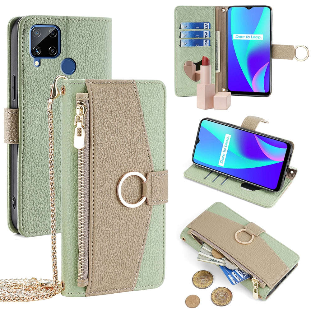 Realme C15 Crossbody Phone Case with Litchi Texture Leather, Adjustable Kickstand, Card Slots, Zipper Purse, Makeup Mirror, and TPU Protection