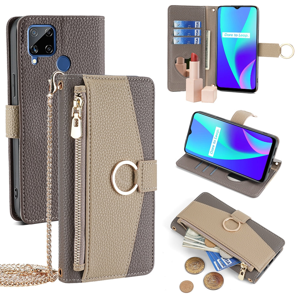 Realme C15 Crossbody Phone Case with Litchi Texture Leather, Adjustable Kickstand, Card Slots, Zipper Purse, Makeup Mirror, and TPU Protection