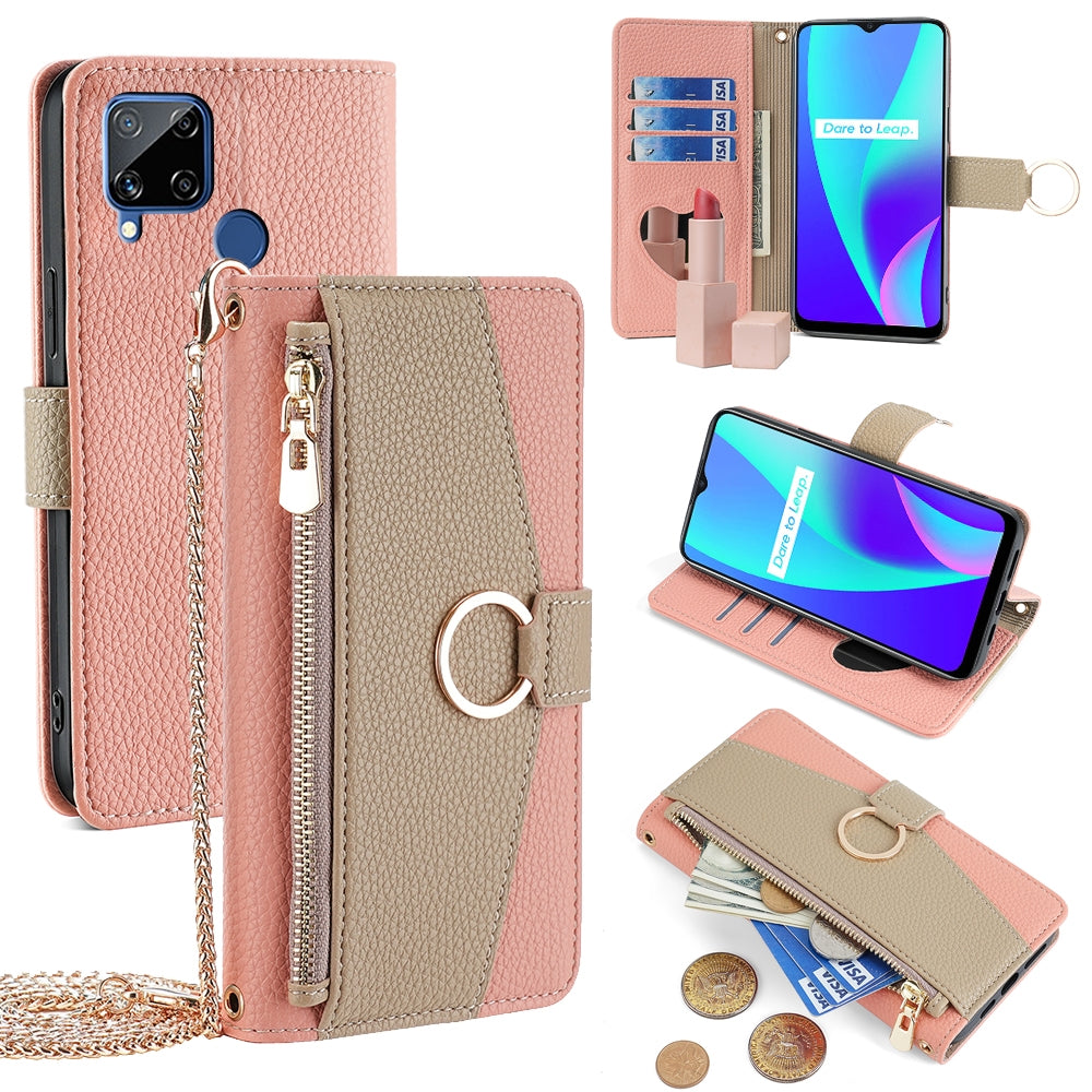Realme C15 Crossbody Phone Case with Litchi Texture Leather, Adjustable Kickstand, Card Slots, Zipper Purse, Makeup Mirror, and TPU Protection