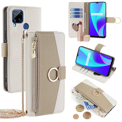 Realme C15 Crossbody Phone Case with Litchi Texture Leather, Adjustable Kickstand, Card Slots, Zipper Purse, Makeup Mirror, and TPU Protection