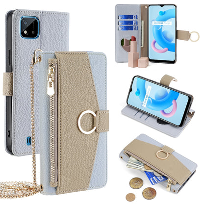 Realme C20 Crossbody Phone Case with Litchi Texture Leather, Adjustable Kickstand, Card Slots, Zipper Purse, Makeup Mirror, and TPU Protection