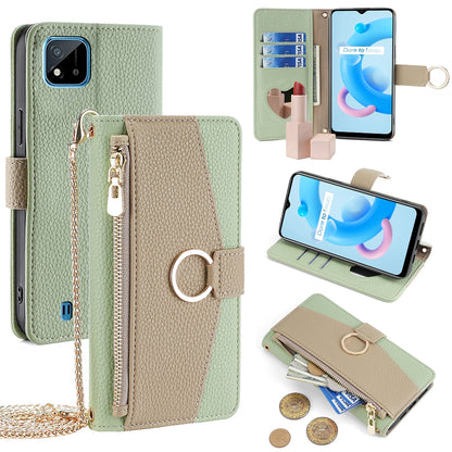 Realme C20 Crossbody Phone Case with Litchi Texture Leather, Adjustable Kickstand, Card Slots, Zipper Purse, Makeup Mirror, and TPU Protection