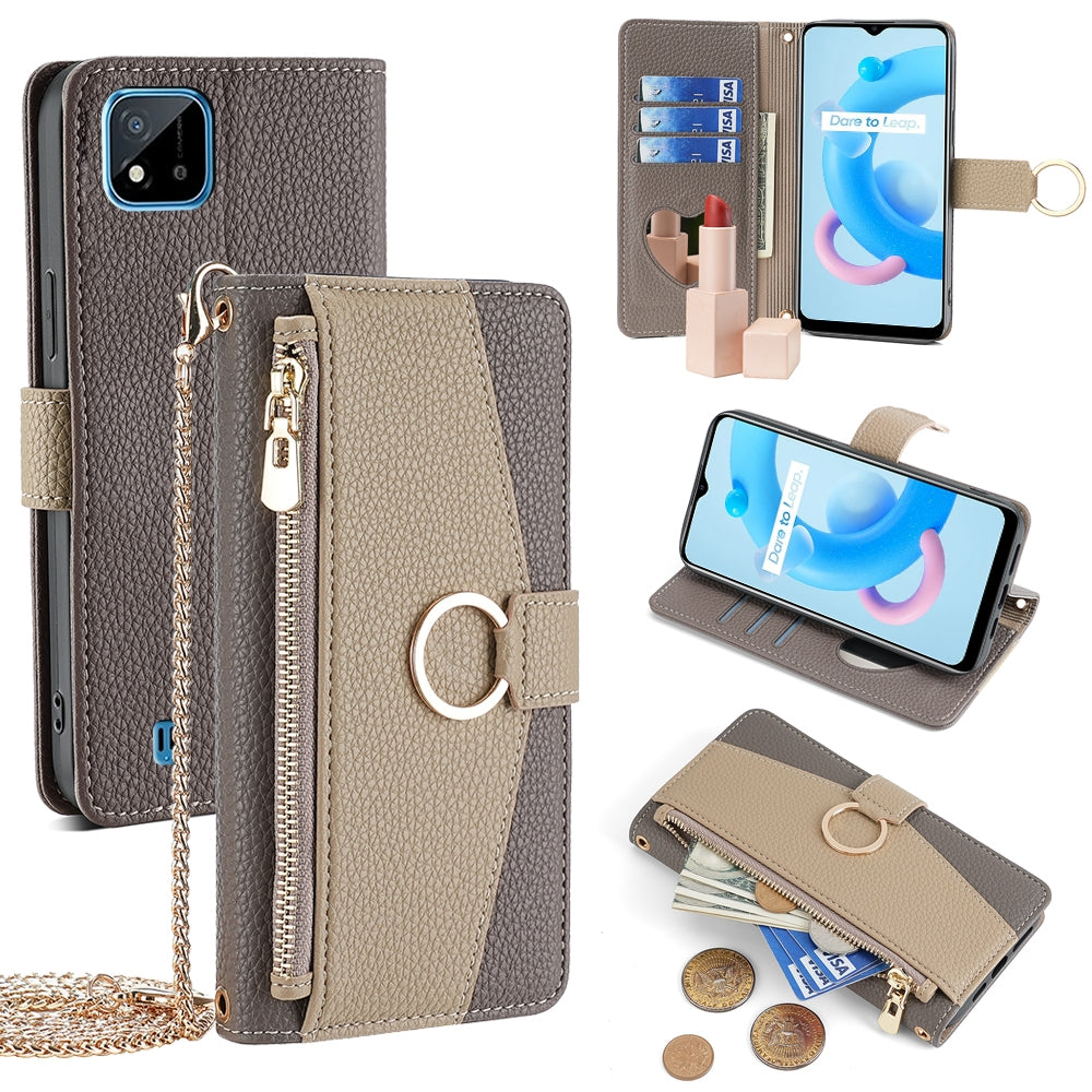 Realme C20 Crossbody Phone Case with Litchi Texture Leather, Adjustable Kickstand, Card Slots, Zipper Purse, Makeup Mirror, and TPU Protection