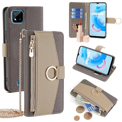 Realme C20 Crossbody Phone Case with Litchi Texture Leather, Adjustable Kickstand, Card Slots, Zipper Purse, Makeup Mirror, and TPU Protection