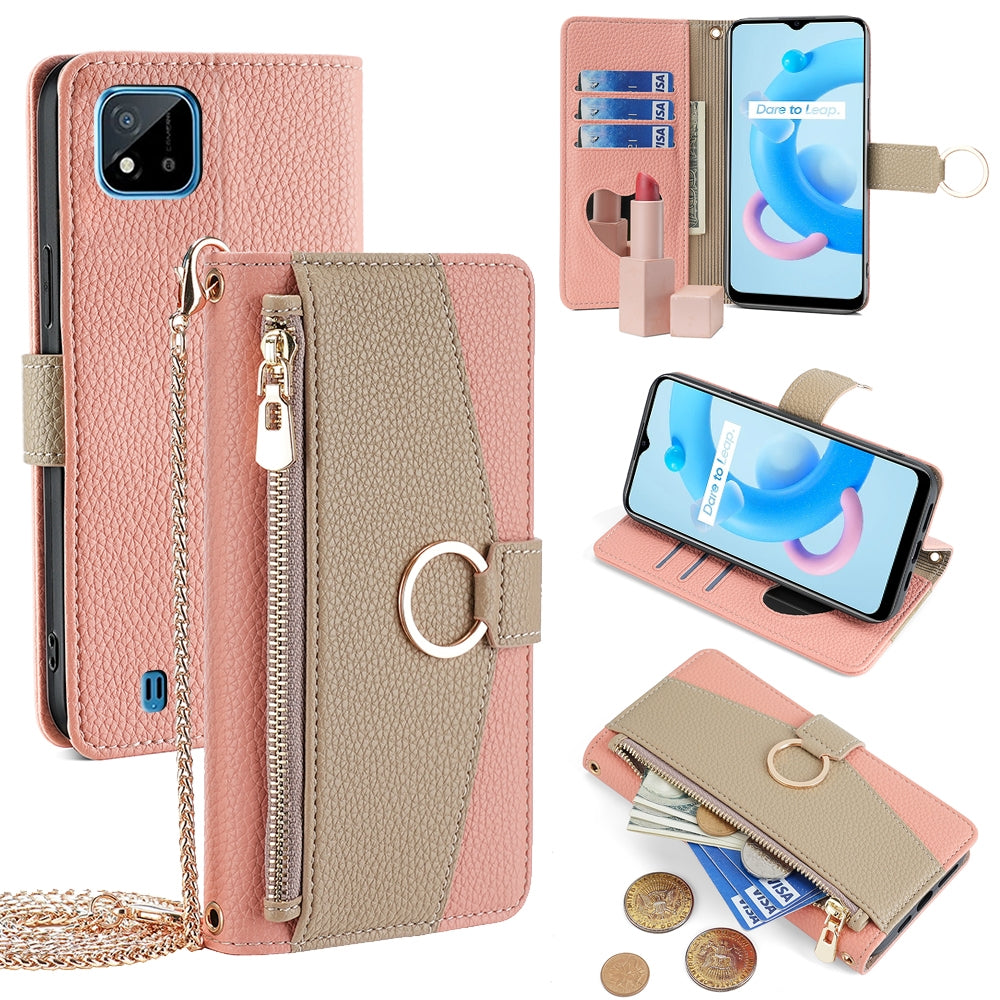 Realme C20 Crossbody Phone Case with Litchi Texture Leather, Adjustable Kickstand, Card Slots, Zipper Purse, Makeup Mirror, and TPU Protection