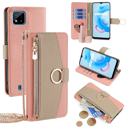 Realme C20 Crossbody Phone Case with Litchi Texture Leather, Adjustable Kickstand, Card Slots, Zipper Purse, Makeup Mirror, and TPU Protection