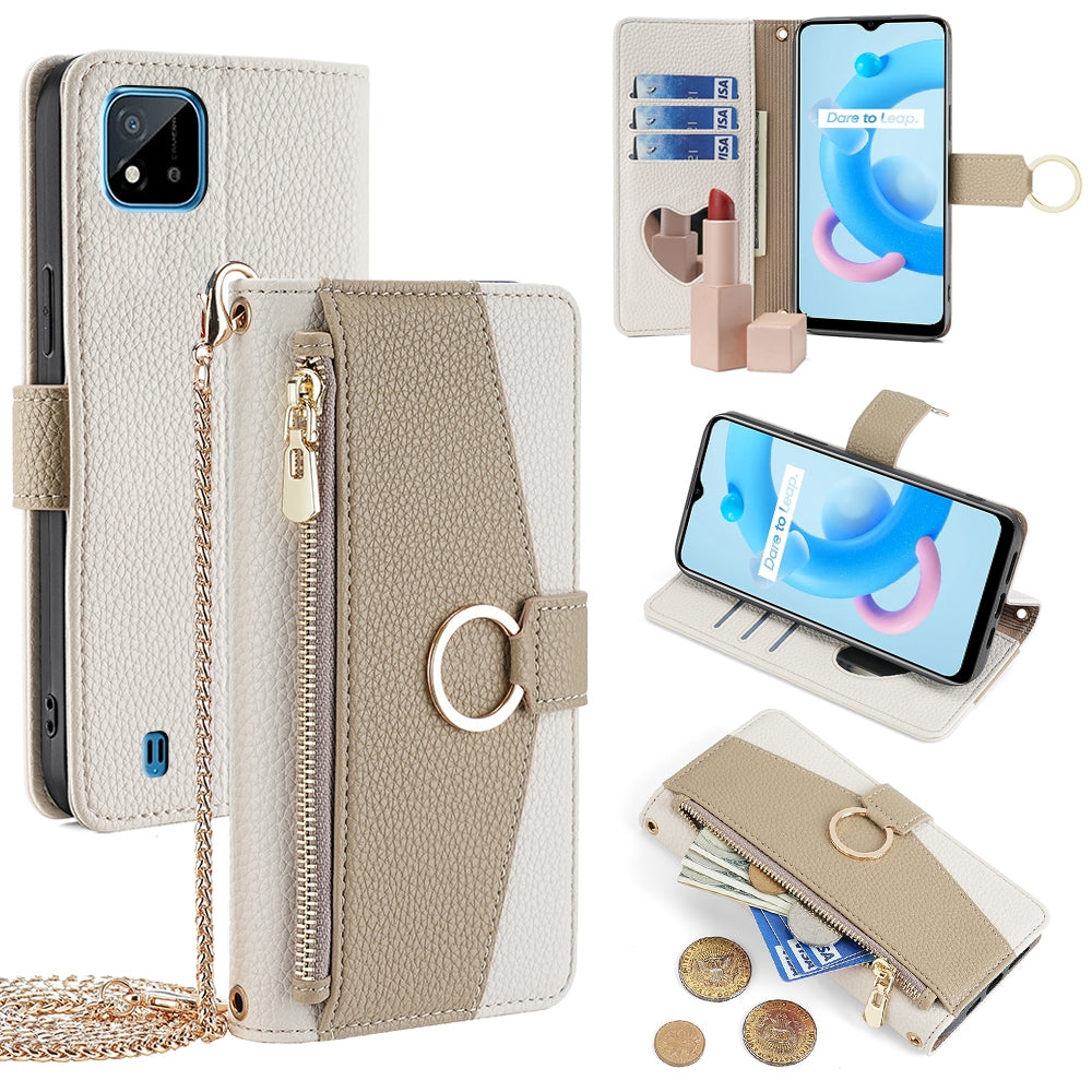 Realme C20 Crossbody Phone Case with Litchi Texture Leather, Adjustable Kickstand, Card Slots, Zipper Purse, Makeup Mirror, and TPU Protection