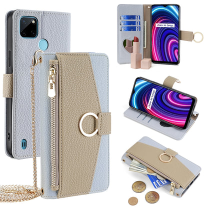 Realme C21Y Crossbody Phone Case with Litchi Texture Leather, Adjustable Kickstand, Card Slots, Zipper Purse, Makeup Mirror, and TPU Protection