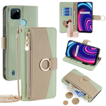 Realme C21Y Crossbody Phone Case with Litchi Texture Leather, Adjustable Kickstand, Card Slots, Zipper Purse, Makeup Mirror, and TPU Protection
