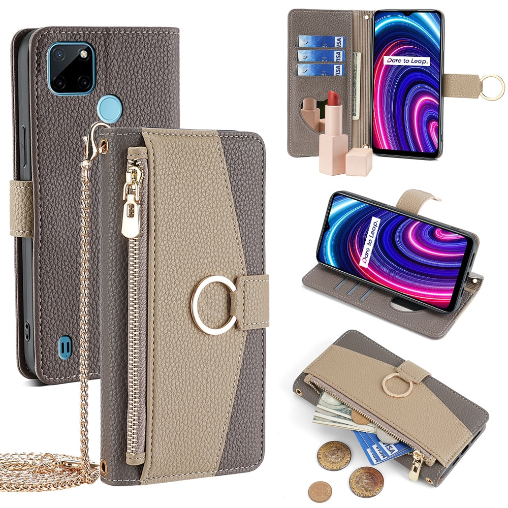 Realme C21Y Crossbody Phone Case with Litchi Texture Leather, Adjustable Kickstand, Card Slots, Zipper Purse, Makeup Mirror, and TPU Protection