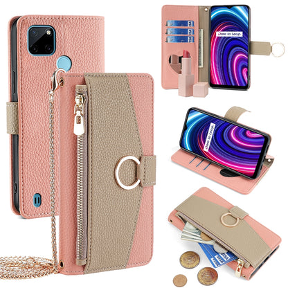 Realme C21Y Crossbody Phone Case with Litchi Texture Leather, Adjustable Kickstand, Card Slots, Zipper Purse, Makeup Mirror, and TPU Protection
