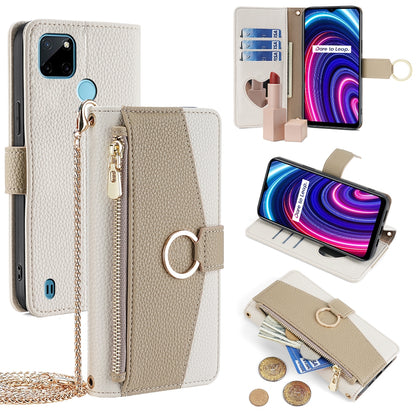 Realme C21Y Crossbody Phone Case with Litchi Texture Leather, Adjustable Kickstand, Card Slots, Zipper Purse, Makeup Mirror, and TPU Protection