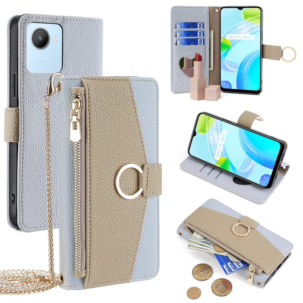 Realme Narzo 50i Prime Crossbody Phone Case with Litchi Texture Leather, Adjustable Kickstand, Card Slots, Zipper Purse, Makeup Mirror, and TPU Protection