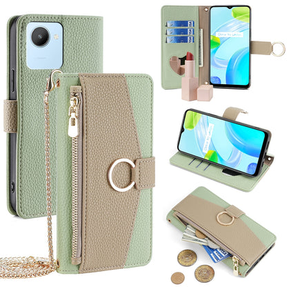 Realme C30 4G Crossbody Phone Case with Litchi Texture Leather, Adjustable Kickstand, Card Slots, Zipper Purse, Makeup Mirror, and TPU Protection