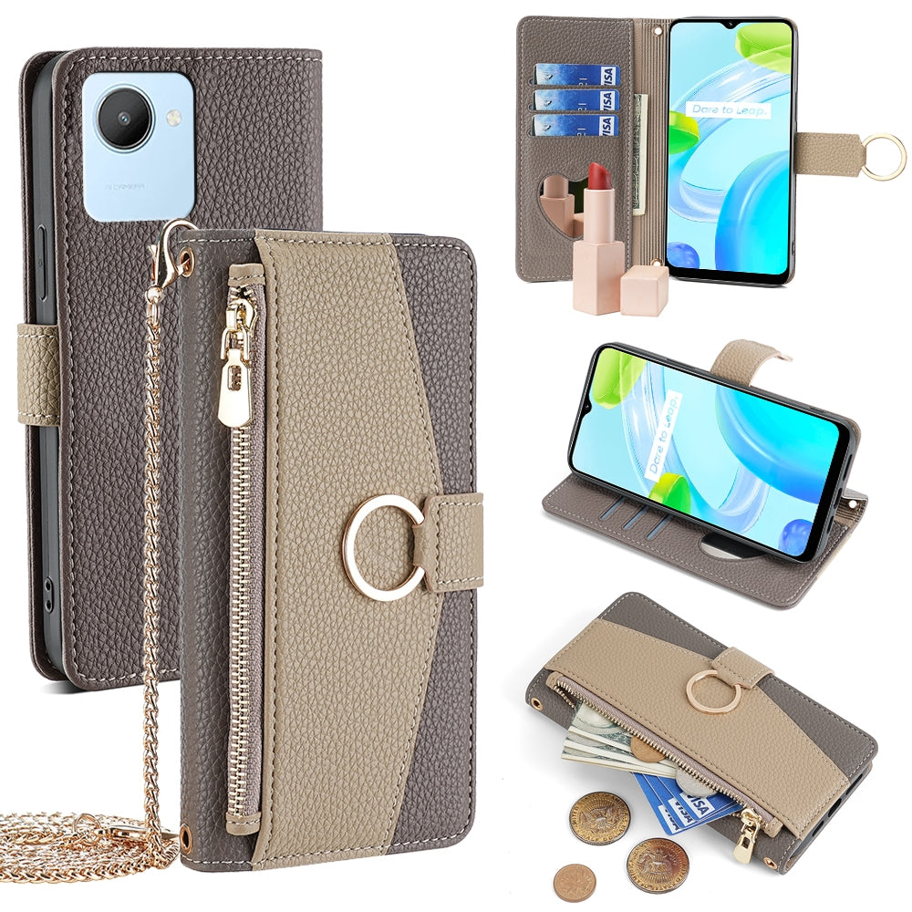 Realme Narzo 50i Prime Crossbody Phone Case with Litchi Texture Leather, Adjustable Kickstand, Card Slots, Zipper Purse, Makeup Mirror, and TPU Protection