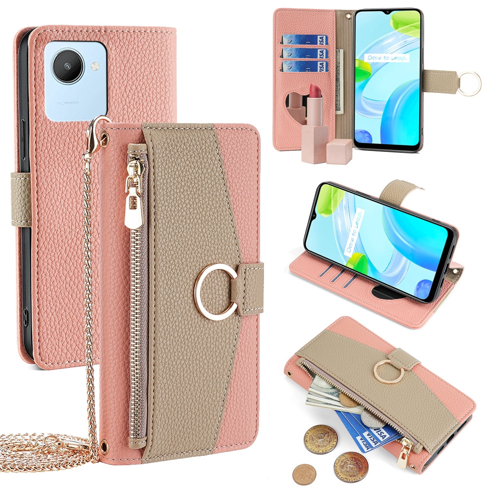 Realme C30 4G Crossbody Phone Case with Litchi Texture Leather, Adjustable Kickstand, Card Slots, Zipper Purse, Makeup Mirror, and TPU Protection