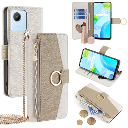 Realme Narzo 50i Prime Crossbody Phone Case with Litchi Texture Leather, Adjustable Kickstand, Card Slots, Zipper Purse, Makeup Mirror, and TPU Protection