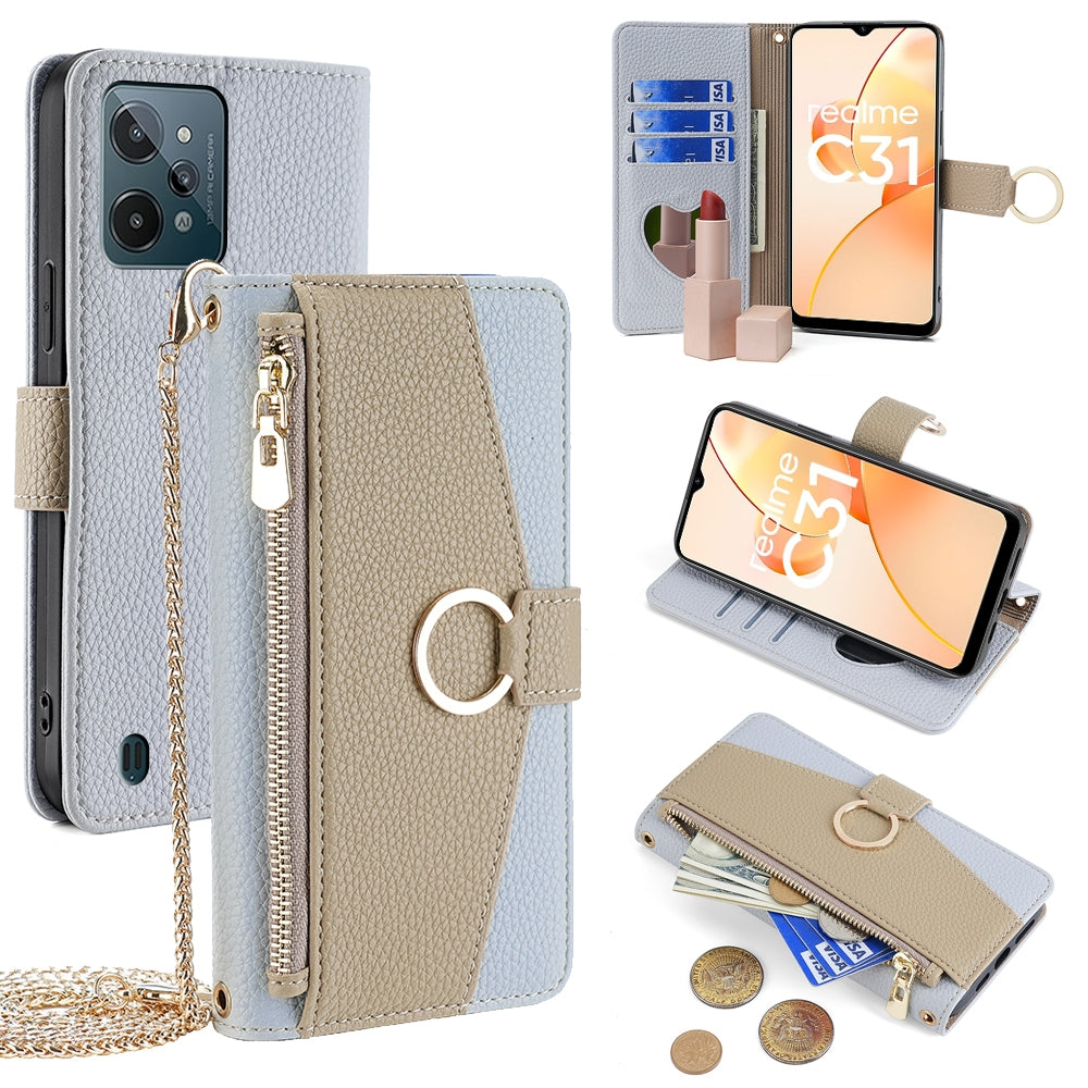 Realme C31 Crossbody Phone Case with Litchi Texture Leather, Adjustable Kickstand, Card Slots, Zipper Purse, Makeup Mirror, and TPU Protection
