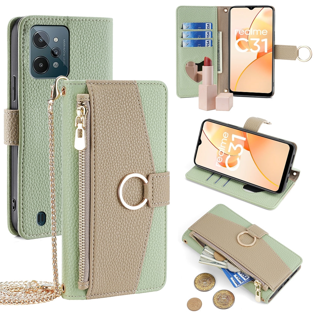 Realme C31 Crossbody Phone Case with Litchi Texture Leather, Adjustable Kickstand, Card Slots, Zipper Purse, Makeup Mirror, and TPU Protection