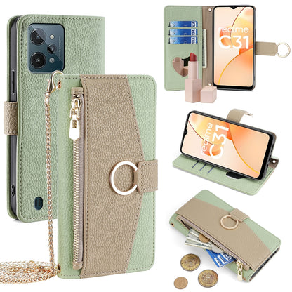 Realme C31 Crossbody Phone Case with Litchi Texture Leather, Adjustable Kickstand, Card Slots, Zipper Purse, Makeup Mirror, and TPU Protection