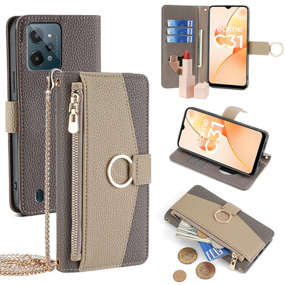 Realme C31 Crossbody Phone Case with Litchi Texture Leather, Adjustable Kickstand, Card Slots, Zipper Purse, Makeup Mirror, and TPU Protection
