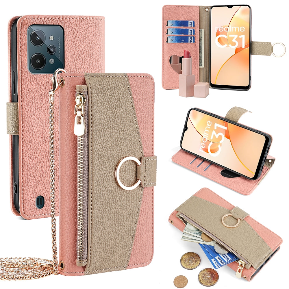 Realme C31 Crossbody Phone Case with Litchi Texture Leather, Adjustable Kickstand, Card Slots, Zipper Purse, Makeup Mirror, and TPU Protection