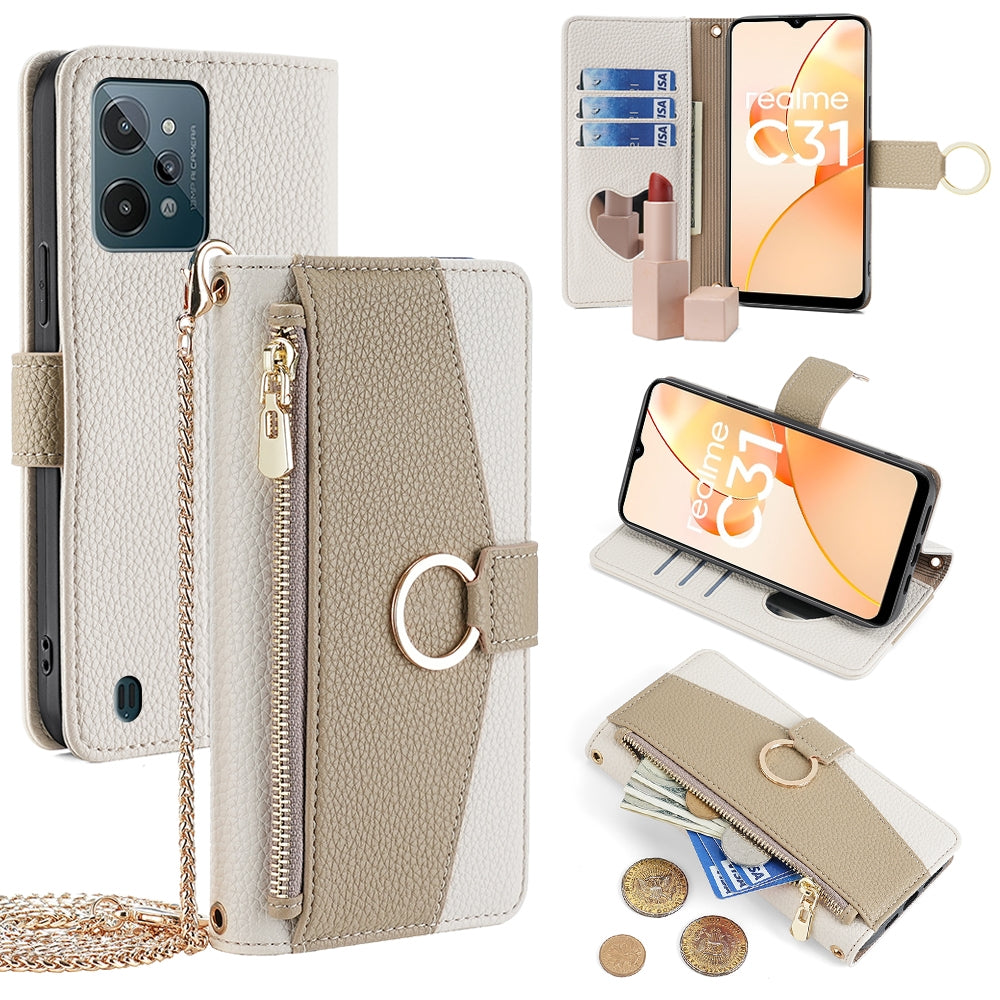 Realme C31 Crossbody Phone Case with Litchi Texture Leather, Adjustable Kickstand, Card Slots, Zipper Purse, Makeup Mirror, and TPU Protection