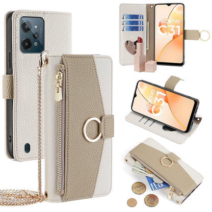 Realme C31 Crossbody Phone Case with Litchi Texture Leather, Adjustable Kickstand, Card Slots, Zipper Purse, Makeup Mirror, and TPU Protection