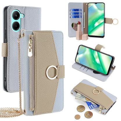 Realme C33 4G Crossbody Phone Case with Litchi Texture Leather, Adjustable Kickstand, Card Slots, Zipper Purse, Makeup Mirror, and TPU Protection