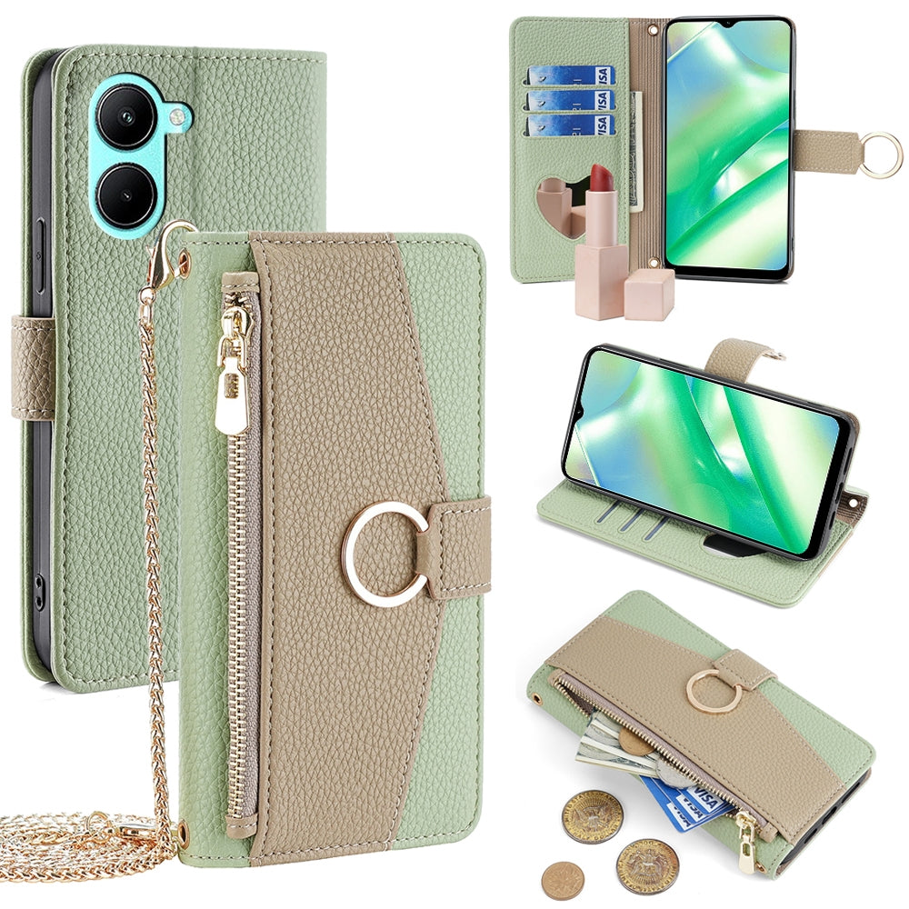 Realme C33 4G Crossbody Phone Case with Litchi Texture Leather, Adjustable Kickstand, Card Slots, Zipper Purse, Makeup Mirror, and TPU Protection