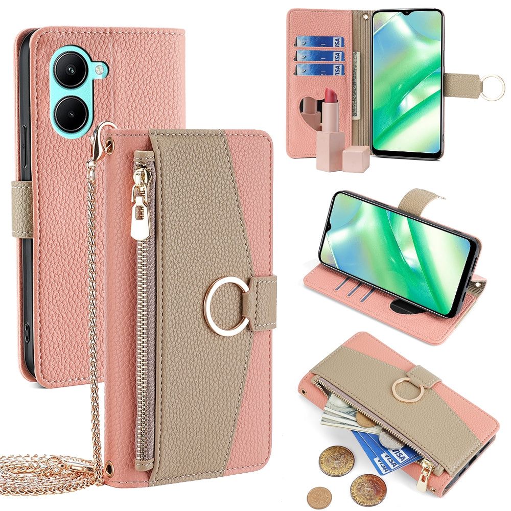 Realme C33 4G Crossbody Phone Case with Litchi Texture Leather, Adjustable Kickstand, Card Slots, Zipper Purse, Makeup Mirror, and TPU Protection