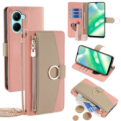 Realme C33 4G Crossbody Phone Case with Litchi Texture Leather, Adjustable Kickstand, Card Slots, Zipper Purse, Makeup Mirror, and TPU Protection