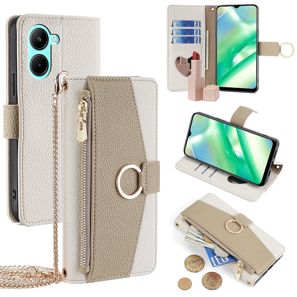 Realme C33 4G Crossbody Phone Case with Litchi Texture Leather, Adjustable Kickstand, Card Slots, Zipper Purse, Makeup Mirror, and TPU Protection
