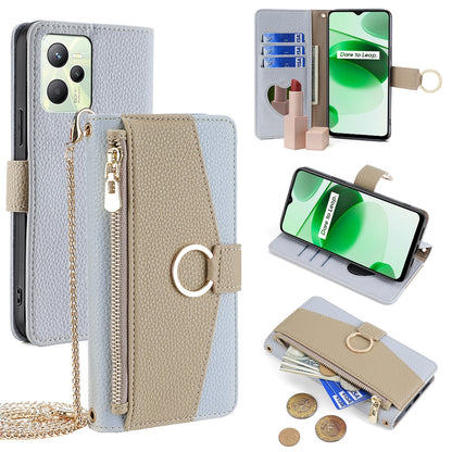 Realme C35 Crossbody Phone Case with Litchi Texture Leather, Adjustable Kickstand, Card Slots, Zipper Purse, Makeup Mirror, and TPU Protection
