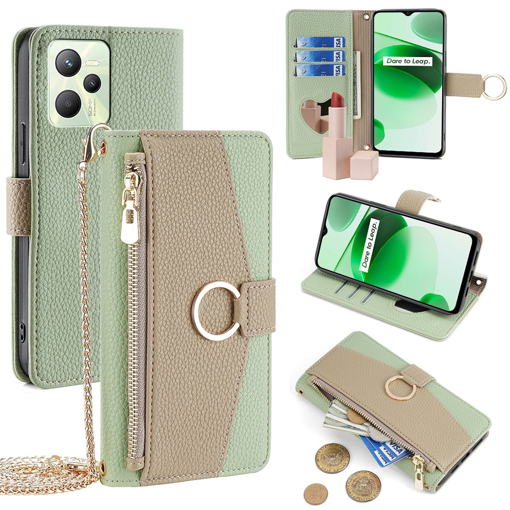 Realme C35 Crossbody Phone Case with Litchi Texture Leather, Adjustable Kickstand, Card Slots, Zipper Purse, Makeup Mirror, and TPU Protection