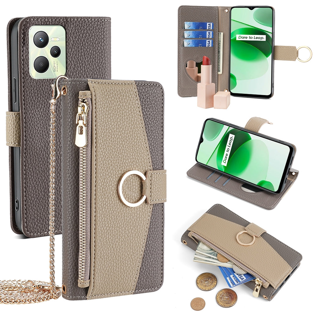 Realme C35 Crossbody Phone Case with Litchi Texture Leather, Adjustable Kickstand, Card Slots, Zipper Purse, Makeup Mirror, and TPU Protection