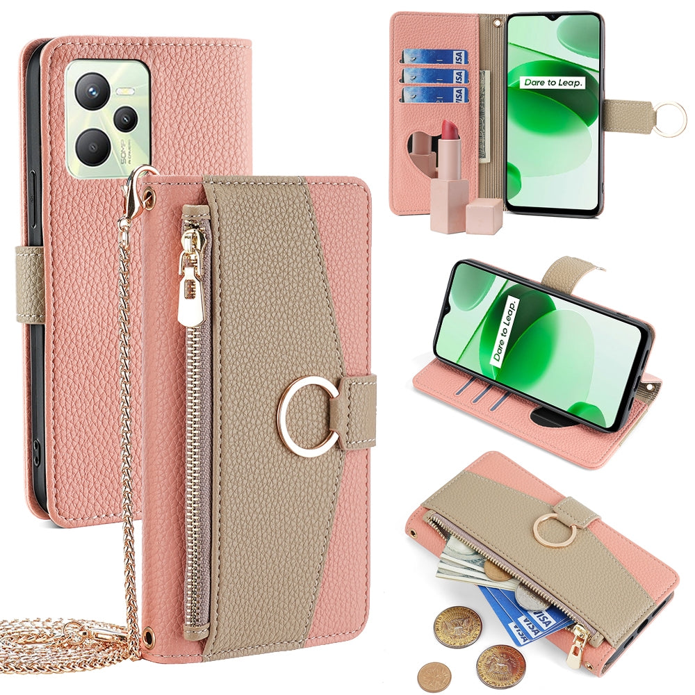 Realme C35 Crossbody Phone Case with Litchi Texture Leather, Adjustable Kickstand, Card Slots, Zipper Purse, Makeup Mirror, and TPU Protection