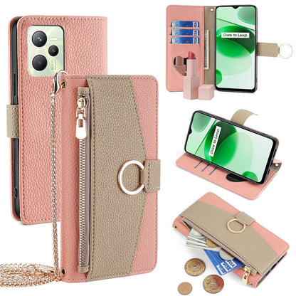 Realme C35 Crossbody Phone Case with Litchi Texture Leather, Adjustable Kickstand, Card Slots, Zipper Purse, Makeup Mirror, and TPU Protection