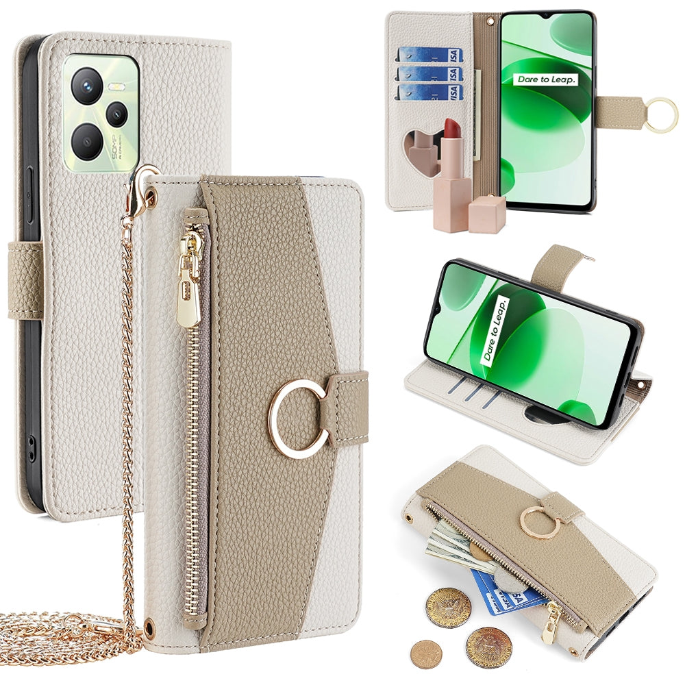 Realme C35 Crossbody Phone Case with Litchi Texture Leather, Adjustable Kickstand, Card Slots, Zipper Purse, Makeup Mirror, and TPU Protection