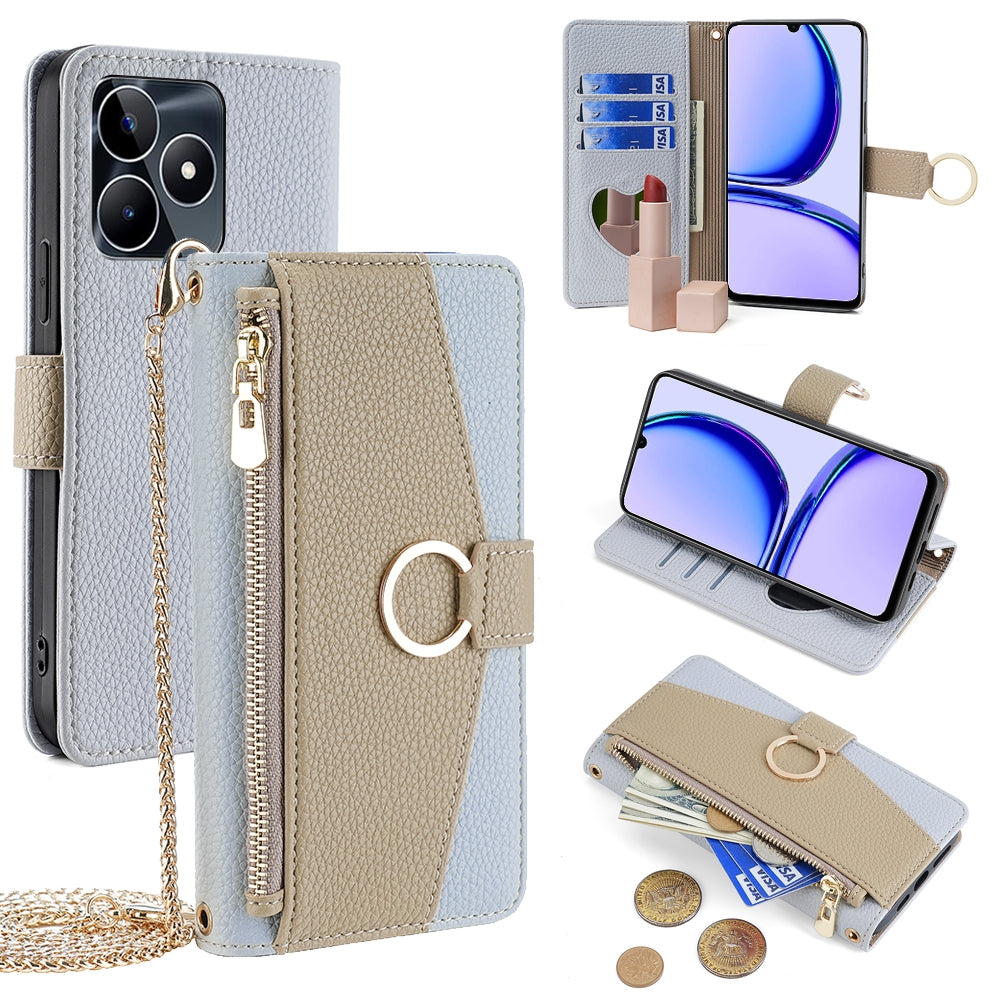 Realme Narzo N53 4G Crossbody Phone Case with Litchi Texture Leather, Adjustable Kickstand, Card Slots, Zipper Purse, Makeup Mirror, and TPU Protection