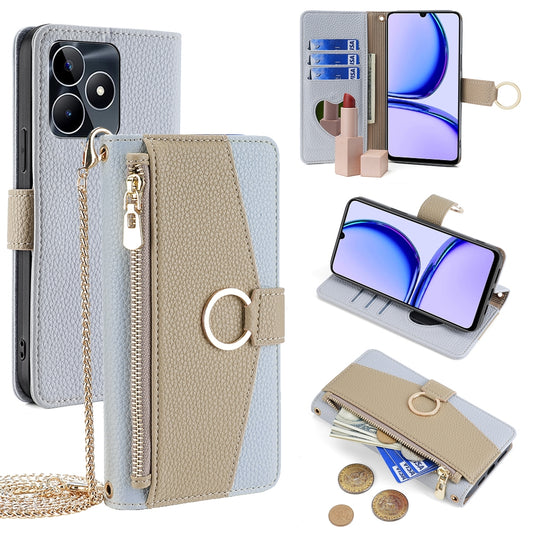 Realme Narzo N53 4G Crossbody Phone Case with Litchi Texture Leather, Adjustable Kickstand, Card Slots, Zipper Purse, Makeup Mirror, and TPU Protection