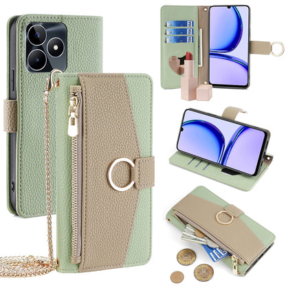 Realme C53 4G Crossbody Phone Case with Litchi Texture Leather, Adjustable Kickstand, Card Slots, Zipper Purse, Makeup Mirror, and TPU Protection