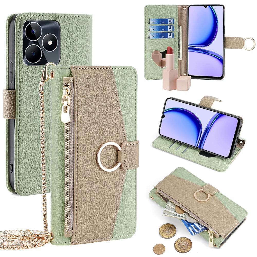Realme Narzo N53 4G Crossbody Phone Case with Litchi Texture Leather, Adjustable Kickstand, Card Slots, Zipper Purse, Makeup Mirror, and TPU Protection
