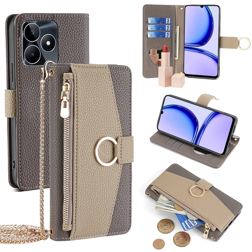 Realme C53 4G Crossbody Phone Case with Litchi Texture Leather, Adjustable Kickstand, Card Slots, Zipper Purse, Makeup Mirror, and TPU Protection
