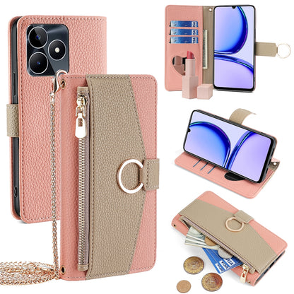 Realme C53 4G Crossbody Phone Case with Litchi Texture Leather, Adjustable Kickstand, Card Slots, Zipper Purse, Makeup Mirror, and TPU Protection